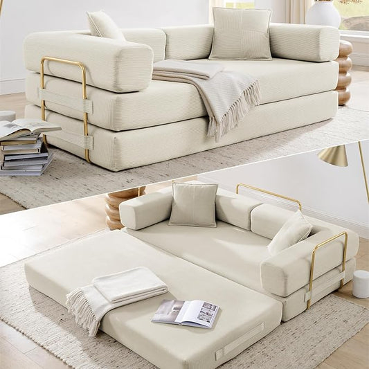 HANXIN 78 Inch Convertible Sleeper Sofa Bed, Folding Floor Mattress Couch with Fixed-Shape Frame, Futon Boneless Couch Lounge Loveseat with Pull Out Bed, No Assembly Required (Beige)