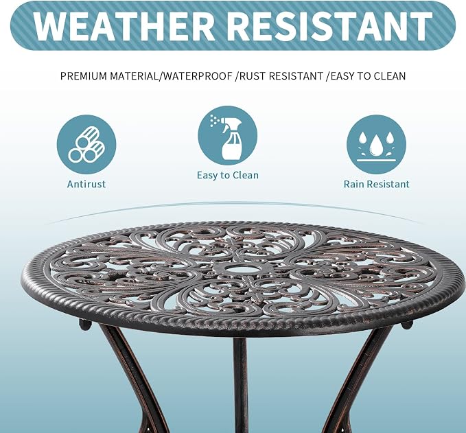 Bistro Set 3 Piece Outdoor Bistro Table and Chair Set of 2 Cast Aluminum Patio Furniture with Umbrella Hole,Patio Bistro Table Sets for Garden,Yard(Brown)