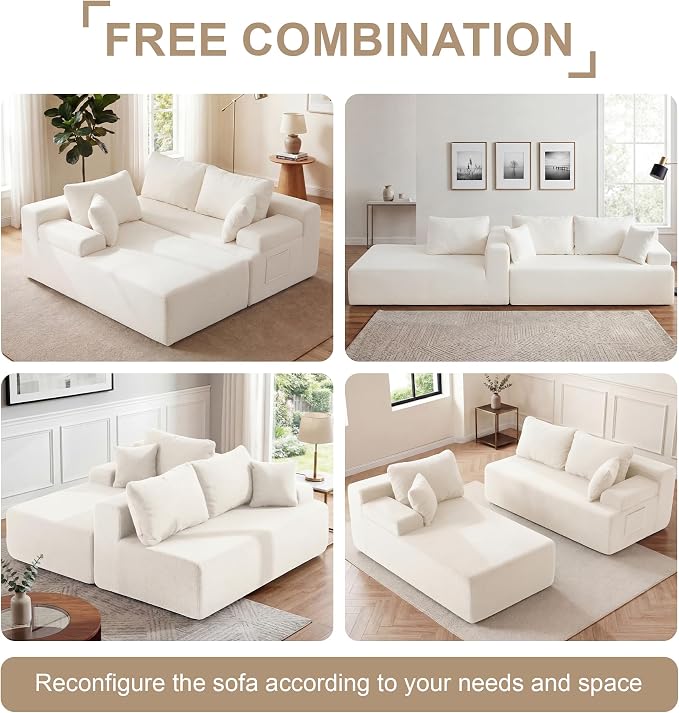 Hobestluk Modular Sectional Sofa Couches L-Shape Couch 3 Seat Modular Sofa Memory Foam Sectional Couches for Living Room, Cloud Couch with Oversized Chaise (White Smooth, 96", Left Hand Facing)