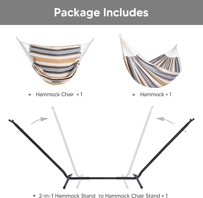 SUNCREAT 2-in-1 Convertible Backyard Fabric Hammock with Stand, Large Hammocks for Outside, Coffee & White