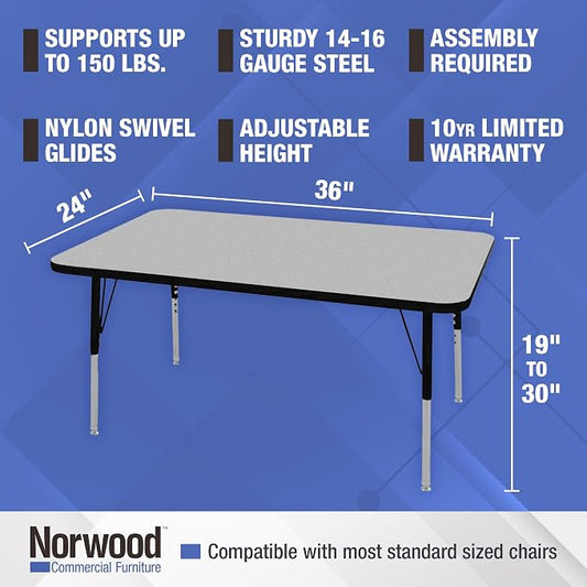 Norwood Commercial Furniture 36-Inch Adjustable Height Classroom Activity Table for Kids & Adults, Rectangular Activity Table for School and Home, Black