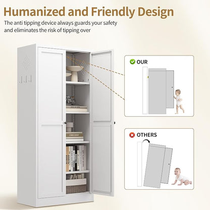 Kitchen Pantry Cabinet, 61" H Storage Cabinet with Doors and Adjustable Shelves, Spacious Cupboard with 2 Handles, Metal Kitchen Cabinet for Dining Room, Living Room, White