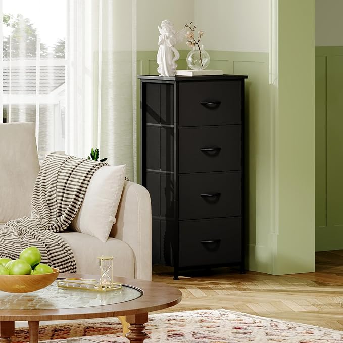 Somdot Dresser for Bedroom with 4 Drawers, Storage Organizer Chest of Drawers with Removable Fabric Bins for Closet Bedside Living Room Laundry Entryway Hallway, Black