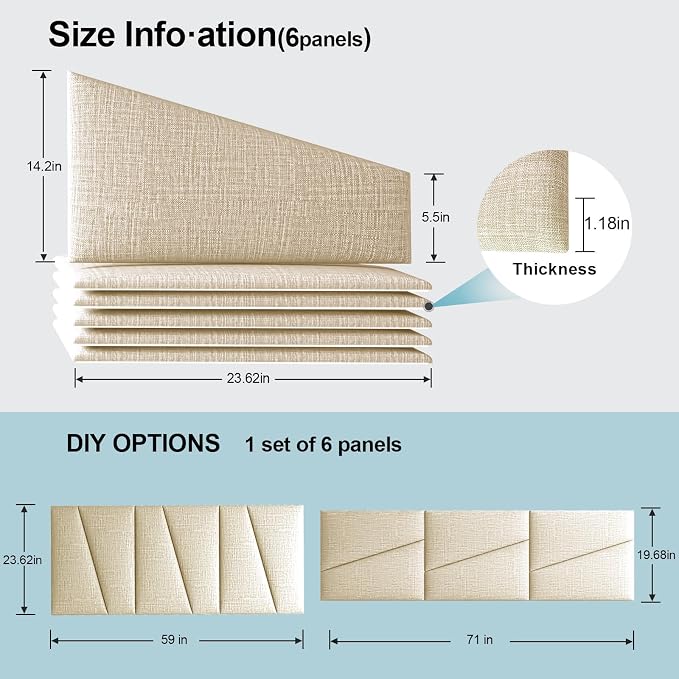 Peel and Stick Headboard for Queen Bed Linen Fabric Upholstered Wall Mounted Headboard - Wall Padding Panel in Beige for Bedroom/Living Room/Dorm (6 Panels)