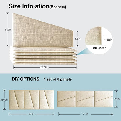 Peel and Stick Headboard for Queen Bed Linen Fabric Upholstered Wall Mounted Headboard - Wall Padding Panel in Beige for Bedroom/Living Room/Dorm (6 Panels)
