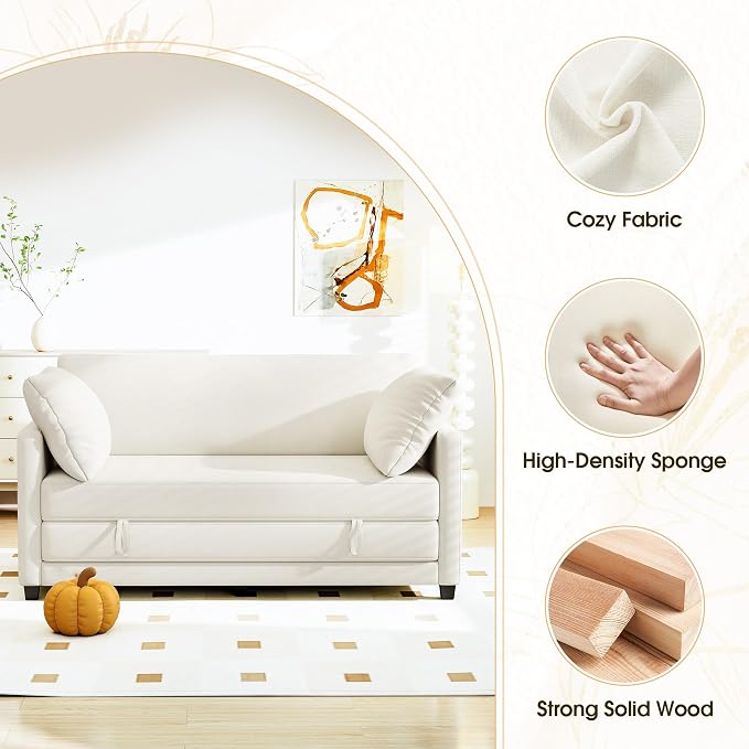 Myroyalsit 65" Convertible Loveseat Sofa Bed, 2-in-1 Folding Sofa Bed with 2 Pillow for Small Spaces, Modern Loveseat Sleeper Couch for Apartment, Living Room & Guest Room (Beige Chenille, 65 inch)
