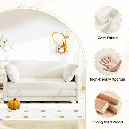 Myroyalsit 65" Convertible Loveseat Sofa Bed, 2-in-1 Folding Sofa Bed with 2 Pillow for Small Spaces, Modern Loveseat Sleeper Couch for Apartment, Living Room & Guest Room (Beige Chenille, 65 inch)