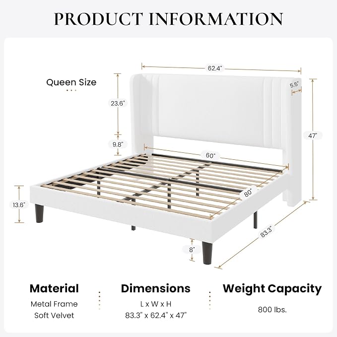 SHA CERLIN Queen Size Velvet Upholstered Platform Bed Frame with Vertical Channel Tufted Wingback Headboard, Wooden Slats Support, Easy Assembly, Under Bed Storage, No Box Spring Required, White