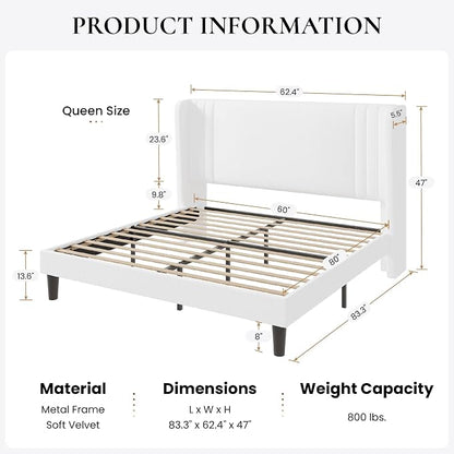 SHA CERLIN Queen Size Velvet Upholstered Platform Bed Frame with Vertical Channel Tufted Wingback Headboard, Wooden Slats Support, Easy Assembly, Under Bed Storage, No Box Spring Required, White