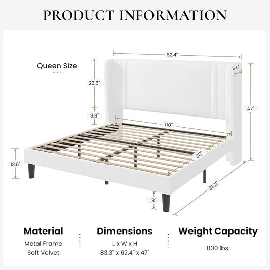 SHA CERLIN Queen Size Velvet Upholstered Platform Bed Frame with Vertical Channel Tufted Wingback Headboard, Wooden Slats Support, Easy Assembly, Under Bed Storage, No Box Spring Required, White