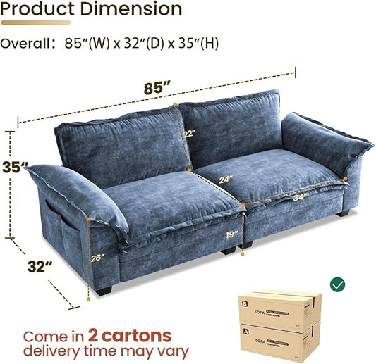 KKL 89 Inch Modular Sectional Sofa, 2 Sets of Loveseat Cloud Couches with Deep Seat, Chenille Sectional Couches for Living Room, Apartment, Blue