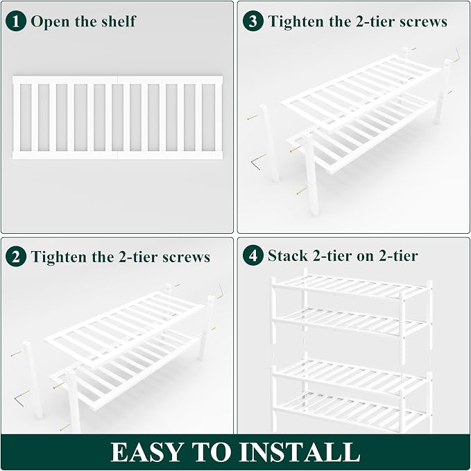 Smiry Bamboo Shoe Rack, 4 Tier Free Standing Wooden Shoe Organizer, Stackable Wood Shoe Storage Shelf for Closet, Entryway, 12 Vertical Slats, 2+2 Stack Standard Legs, 26.8"x11"x26", White