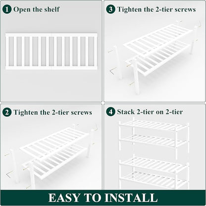 Smiry Bamboo Shoe Rack, 4 Tier Free Standing Wooden Shoe Organizer, Stackable Wood Shoe Storage Shelf for Closet, Entryway, 12 Vertical Slats, 2+2 Stack Standard Legs, 26.8"x11"x26", White