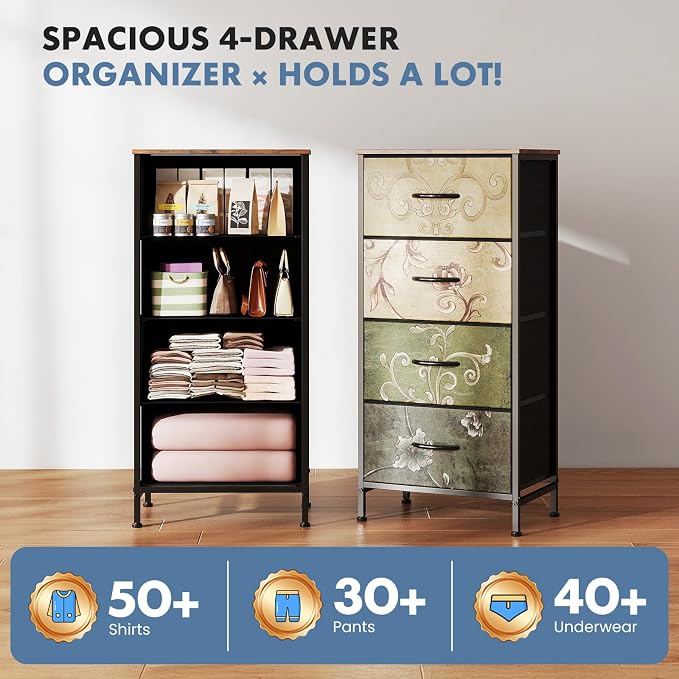 DUMOS Nightstand with 4 Drawers Bedside Table with Removable Fabric Bins Sturdy Steel Frame Wood Top Organizer Furniture for Bedroom Closet Living Room,Floral Painted