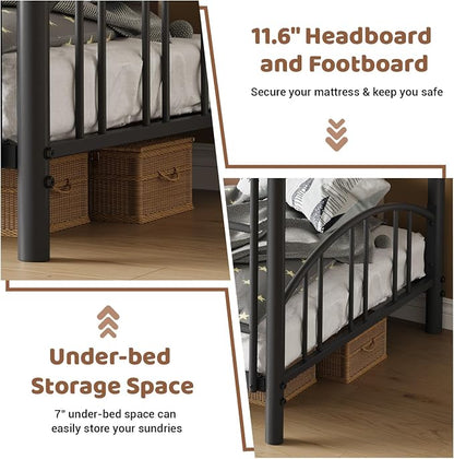IDEALHOUSE Twin Over Twin Bunk Bed Frame, Twin Bunk Bed Frame with Heightened Arched Guardrail and Safety Ladder, Sturdy Steel Bed for School, Bedroom, Easy Assembly, Modern Black