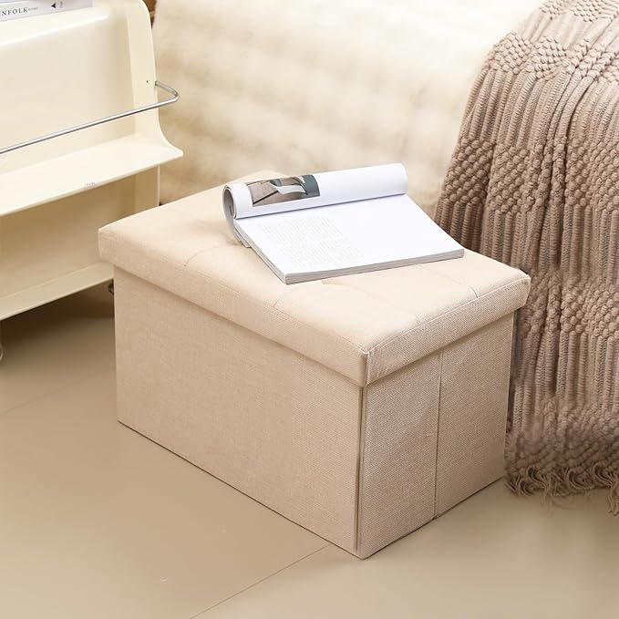 Storage Ottoman Cube Small Footrest Foldable Seat Foot Stools Square Tufted Ottoman Linen Beige
