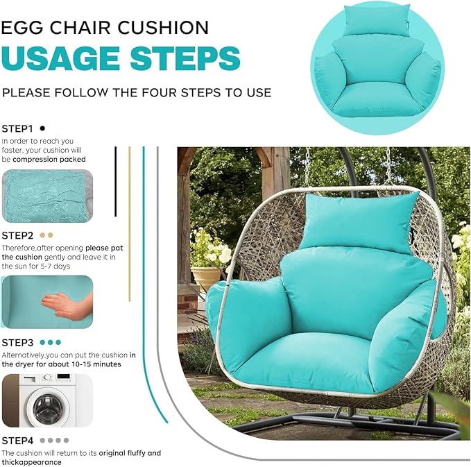 Egg Chair Cushion Replacement, Waterproof Thicken Hanging Egg Swing Chair Cushion for Outdoor Furniture, Wicker Rattan Hammock Basket Cushion with Headrest Pillow 47x31.5x4.7 inch(Teal)