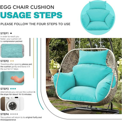 Egg Chair Cushion Replacement, Waterproof Thicken Hanging Egg Swing Chair Cushion for Outdoor Furniture, Wicker Rattan Hammock Basket Cushion with Headrest Pillow 47x31.5x4.7 inch(Teal)