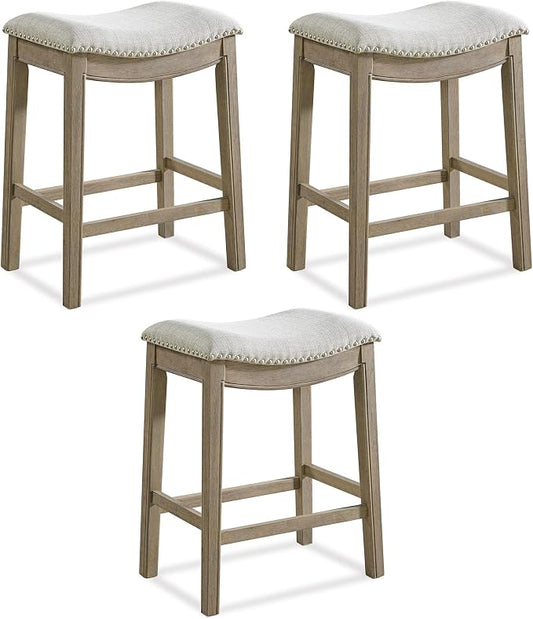 ROME + OAK Set of 3 Parker 26" Counter Stool, Backless Saddle Kitchen Barstool in Reclaimed Oak Finish with Ash Grey Fabric Upholstery Cushion Seat
