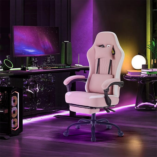 DUMOS Gaming Chair with Linkage Armrests, Video Game Chairs with Pocket Spring Cushion, Ergonomic Computer Silla Gamer Office Desk Chair with Footrest for Adults & Students, Pink