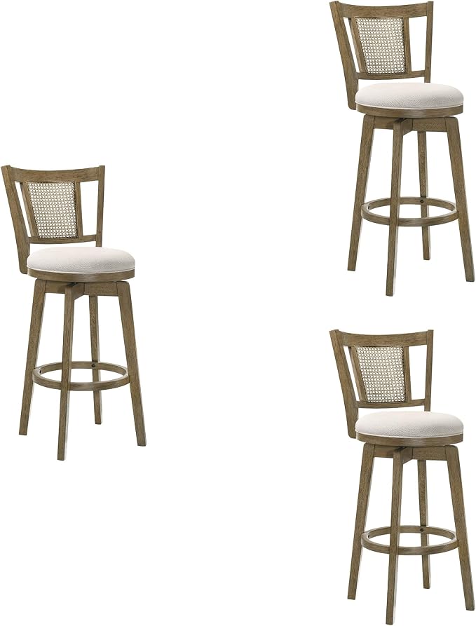 Armen Living Isla 30 in. Putty Brown Bar Height Rubberwood Swivel Barstool with Cream Fabric Seat - Set of 3