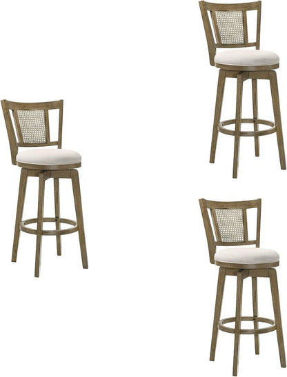 Armen Living Isla 30 in. Putty Brown Bar Height Rubberwood Swivel Barstool with Cream Fabric Seat - Set of 3