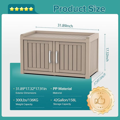 DRATO Indoor Outdoor Shoe Storage Cabinet, Shoe Bench Entryway with Adjustable Shelves, Waterproof Resin Storage Bench for Entryway, Foyer, Hallway (Grey, Duble Doors)
