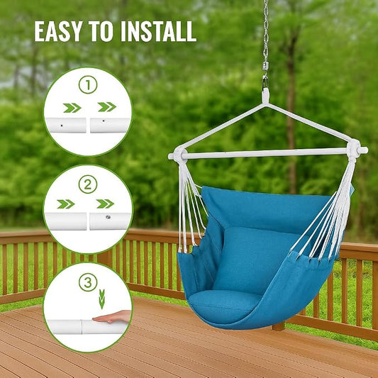 Backyard Expressions Hanging Hammock Chair Swing with Cushions & Hanging Kit – 500 lb Capacity, Cotton Blend Fabric, for Indoor/Outdoor Use – Includes Chain, Hooks & Spring – 5 Colors