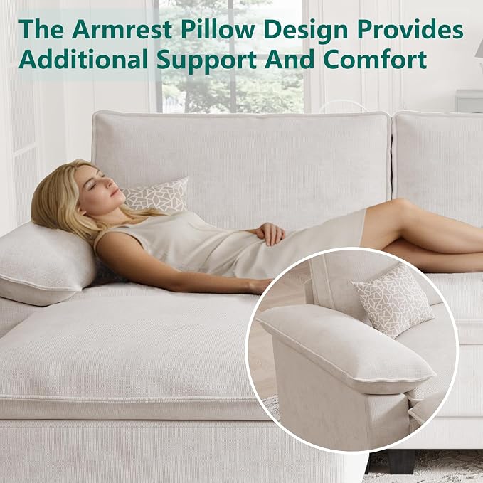 Modern L Shaped Sofa Couches for Living Room, Modular Sectional Cloud Couch with Movable Ottoman, Comfy Chenille Sofa for Apartment and Small Space, Beige
