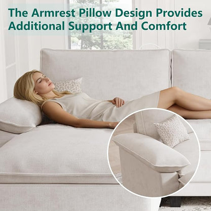 Modern L Shaped Sofa Couches for Living Room, Modular Sectional Cloud Couch with Movable Ottoman, Comfy Chenille Sofa for Apartment and Small Space, Beige
