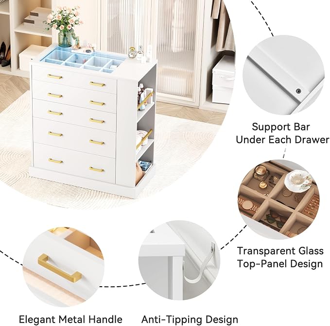 Closet Island with Open Shelves, Modern Glass Top Dresser with LED Lights, Tall Chest of Drawers with Jewelry Organizer for Bedroom,Living Room, Bedroom, Hallway, Entryway, White