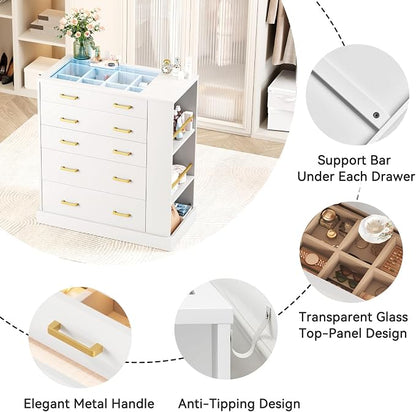 Closet Island with Open Shelves, Modern Glass Top Dresser with LED Lights, Tall Chest of Drawers with Jewelry Organizer for Bedroom,Living Room, Bedroom, Hallway, Entryway, White