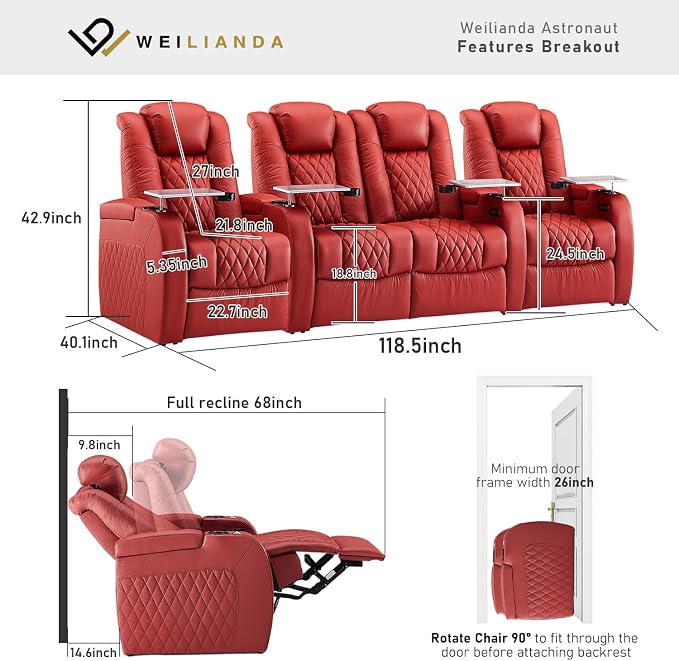 Weilianda Home Theater Seating Top Grain Leather Zero Gravity Recliner Chair Power Headrest Recline Movie Seat Gaming 7 Colors Mood Light Sofa with Tray Table USB Charge Row of 4 Loveseat Middle Red