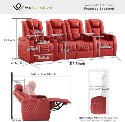 Weilianda Home Theater Seating Top Grain Leather Zero Gravity Recliner Chair Power Headrest Recline Movie Seat Gaming 7 Colors Mood Light Sofa with Tray Table USB Charge Row of 4 Loveseat Middle Red