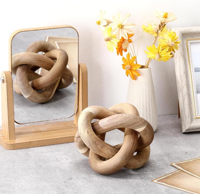 Yalikop 3 Link Wood Knot Decor Rustic Home Décor Accents Hand Carved Coffee Table Decoration, Boho Chain Link Decoration, Modern Shelf, Rustic Objects for Home Living Room Bedroom(Acacia Wood)
