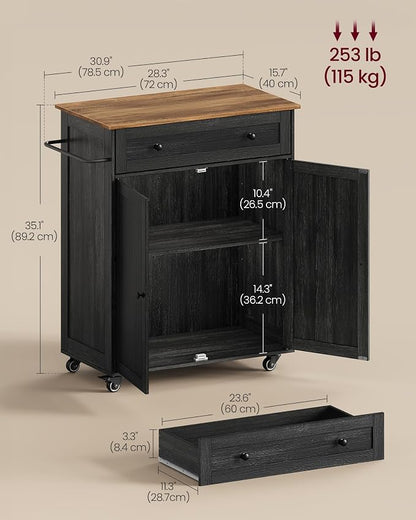 VASAGLE Mobile Kitchen Island, Portable Island on Wheels, Mobile Cart with Storage Cabinet for Dinning Room, 15.8 x 30.9 x 35.1 Inches, Ink Black and Honey Brown UKKI009BA01S