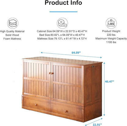 PUREMIND Queen Murphy Bed with Mattress Included, Murphy Cabinet Bed with Storage Drawer, Built-in Charging Station, Solid Wood Frame, Space-Saving Cabinet Beds for Small Spaces/Guest Room (Cherry)