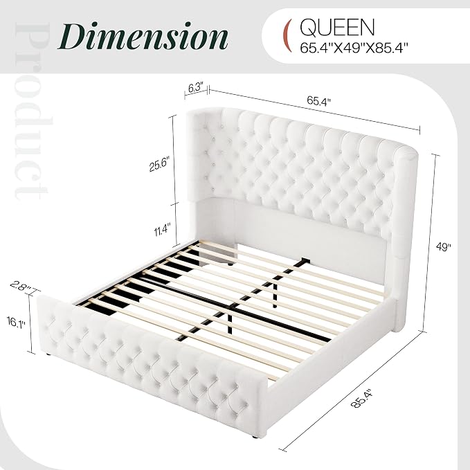 Jocisland Queen Size Upholstered Bed Frame with 6.3-Inch Curved Wingback Headboard, Tufted Footboard, Wood Slats, No Box Spring Needed, White Linen