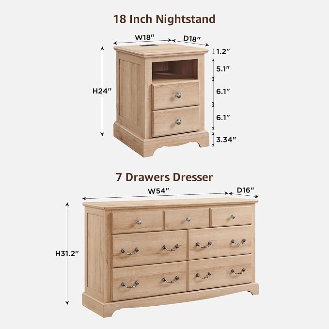 T4TREAM Farmhouse Dressers & Night Stand Set of 3, 54" Wide 7 Drawer Dresser & 18" Wide 2 Drawers Side Table Set of 2, Furniture Dresser Sets for Home, Natural Oak