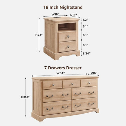 T4TREAM Farmhouse Dressers & Night Stand Set of 3, 54" Wide 7 Drawer Dresser & 18" Wide 2 Drawers Side Table Set of 2, Furniture Dresser Sets for Home, Natural Oak