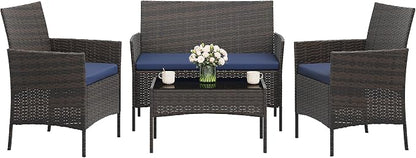 4-Piece Outdoor Furniture Set, PE Rattan Wicker Chairs with Soft Cushions & Tempered Glass Coffee Table - All-Weather Patio Set for Garden, Backyard, Porch, Poolside (Brown/Dark Blue)