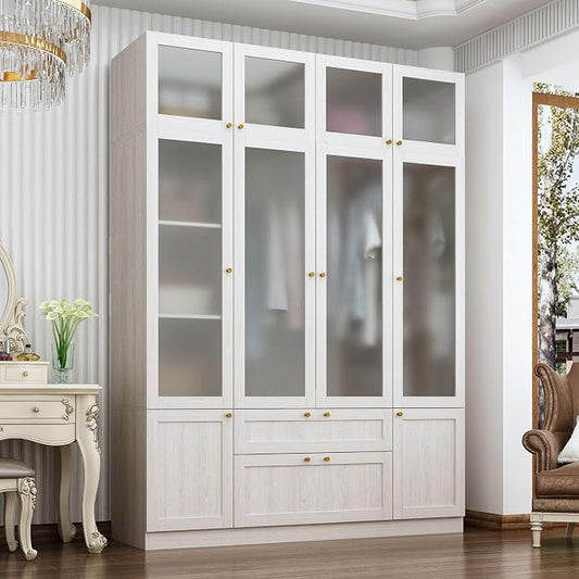 MOUMON Wide Modern Bedroom Armoires with Frosted Glass Doors and Hanging Rod, Tall Wardrobe with Drawers, Large Armoire Wardrobe Closet, Wood Grain 63" W x 19.7" D x 86.6" H