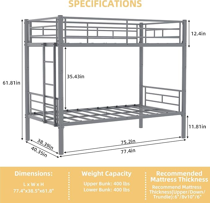 HRVEOCEI 2-Way Convertible Twin Over Twin Bunk Bed with Guardrail & Ladders, Metal Low Bunkbed for Kids Boys Girls, Heavy Duty, No Box Spring Needed, Space-Saving (Silver, No Trundle)