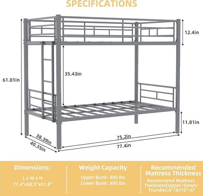 HRVEOCEI 2-Way Convertible Twin Over Twin Bunk Bed with Guardrail & Ladders, Metal Low Bunkbed for Kids Boys Girls, Heavy Duty, No Box Spring Needed, Space-Saving (Silver, No Trundle)
