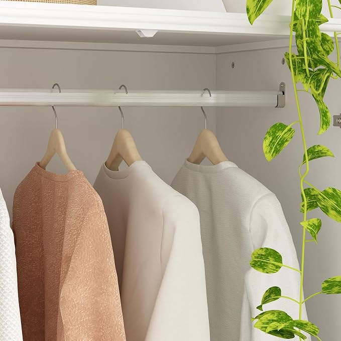 WOODTIME Wardrobe Closet with Hanging Rod, Modern Wooden Armoire with 4 Framed Doors & 3 Large Shelves, Clothes Storage Cabinet Organizer for Bedroom Apartment, White