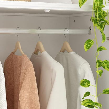 WOODTIME Wardrobe Closet with Hanging Rod, Modern Wooden Armoire with 4 Framed Doors & 3 Large Shelves, Clothes Storage Cabinet Organizer for Bedroom Apartment, White