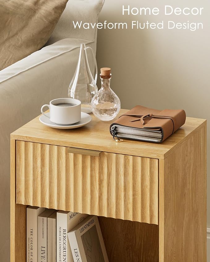 Masupu Fluted Nightstand,Modern Night Stand Wood Bedside Table with Storage Drawer Side End Table for Bedroom,Office,Oak