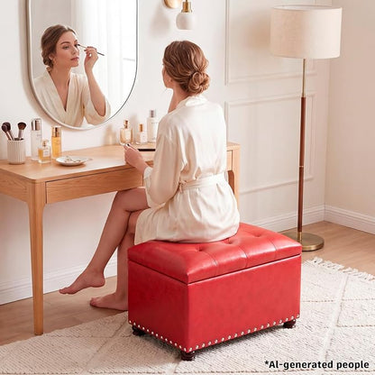Joveco Leather Storage Ottoman, 24" Rectangle Square Bench Foot Rest Stool for Bedroom Living Room, Red