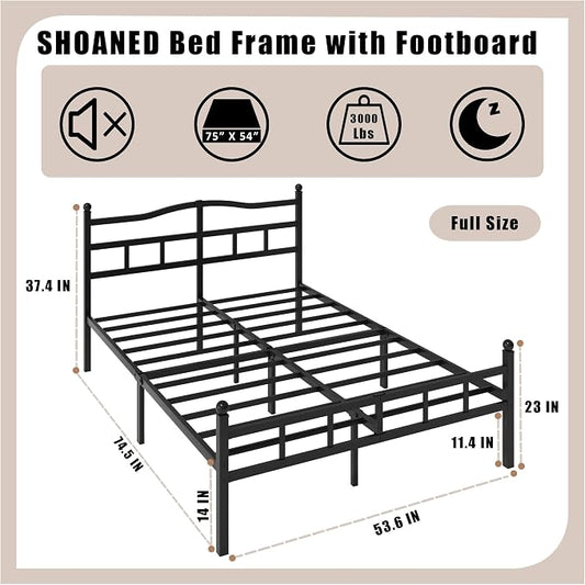SHOANED 14 Inch Metal Bed Frame - Full Size Heavy Duty Bedframe with Headboard & Footboard Black Basic Steel Slats Platform No Box Spring Needed/Easy Assembly/Noise Free