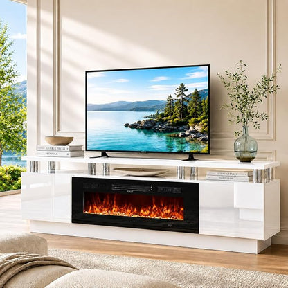 70" TV Stand & Entertainment Center, Media Console with Storage Shelves, Fits TVs up to 80", Modern Living Room Furniture, 36" Electric Fireplace (White+Black)